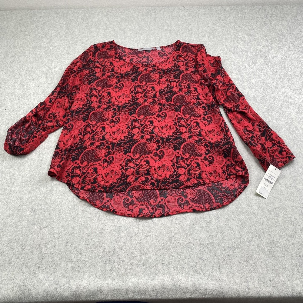 Valerie Stevens Blouse Womens XL Red Paisley Scoop Neck Long Sleeve Top